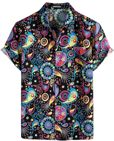 PARKLEES Men's Cotton Linen 70s Vintage Pattern Old Style Shirt Casual Short Sleeve Button Down Retro Shirts