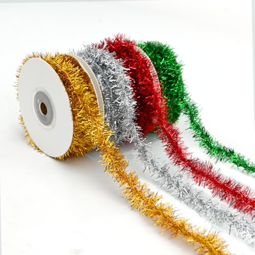 4Pcs Cinta de Oropel de Navidad 5m/16,4pies Guirnalda Colgante de Alambre con Espumillón Brillante Navideño 2cm Cinta Fina de Espumillón Decor para árbol de Navidad para Envolver Regalos (Christmas)