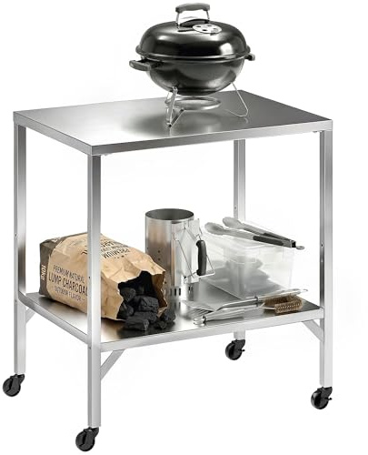 Outsunny Chariot de Barbecue en Acier Inoxydable Stable 85x60cm Argenté | Table de Préparation Extérieur, avec Plan de Travail et Roulettes, Desserte de Jardin, pour Four à Pizza et Grill