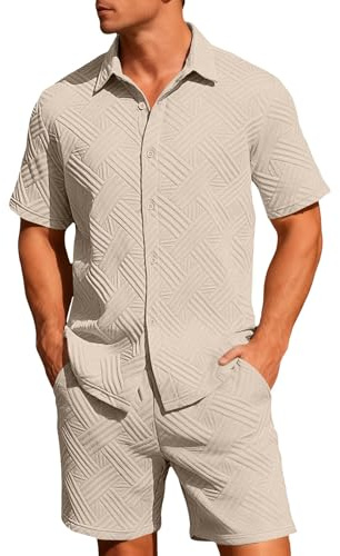 Set med 2 delar för män set med träningstopp och nederdel för träning vardaglig button-down-skjorta och shorts med fickor stickad polo vintage sommar strandkläder lösa träningsoveraller för vardaglig