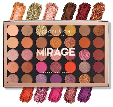 Profusion Cosmetics Mirage 35 Shade Master Eyeshadow Palette (multi-finish neutrals, warm browns, array of amber and maroon hues)