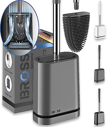 BROSS® Klobürste Silikon - Patentierte Toilettenbürste - Klobürste Grau - WC Bürste & Klobürstenhalter mit Wandmontage & TurboTrocknung - Innovativ & Antibakteriell - 1er Set