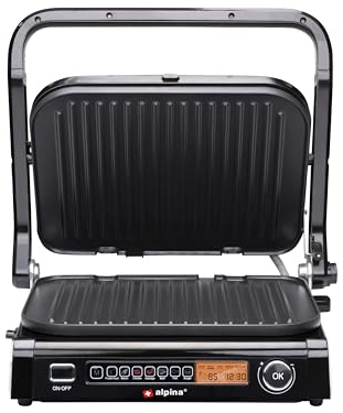 alpina Kontaktgrill - Optigrill 2100W - Sandwich Maker - Panini Grill - Multigrill für Gemüse, Brot und Fleisch - Tischgrill mit Antihaftbeschichtung - Intelligente Kochmodus - BPA-Frei - Schwarz