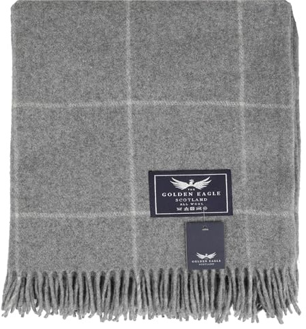 The Golden Eagle Scottish Tweed Wool Large Blanket Tartan Rug with Check Pattern for Warm Winter (Grey White Line)