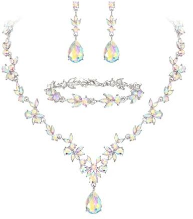 Clearine Juego de joyas de boda para mujer, collar en Y, pulsera de tenis, juego de pendientes y gota de cristal en forma de lágrima, marquesa, para novia, dama de honor, azul y tono plateado,