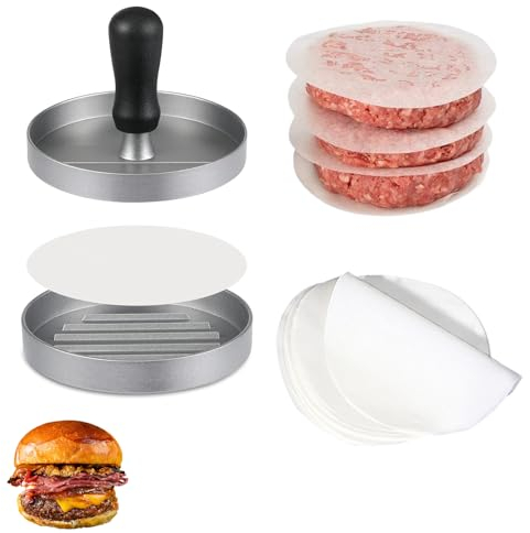Aluminum Non-Stick Hamburger Press with 100 Free Patty Papers for Patties Cheeseburgers Barbecue Meatballs Frying Pan Delicious Homemade Burgers Easily Make Delicious Patty