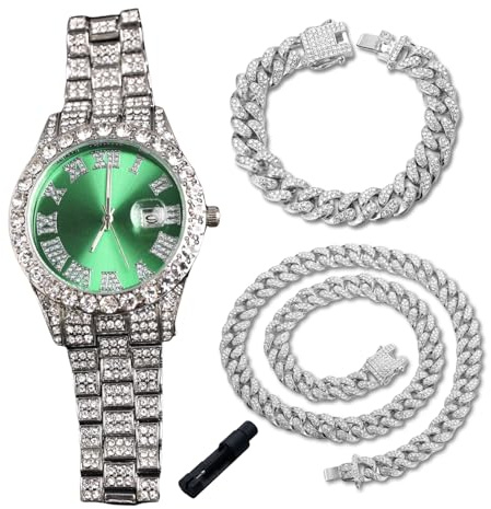 Genkigold Diamantklocka för tonårspojkar - rund urtavla 42 mm romerska siffror i 3 färger - guldpläterad 18K/platina-armband 20 cm - justeringsverktyg ingår, kan kombineras med kubansk kedja