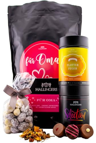 Hallingers Genuss Manufaktur Geschenkkorb Geschenkset Muttertag – Feinkost Mix mit Pralinen Tafel Schokolade Nougatmandeln & Tee, edle Wundertüte, besonderes Geschenk für Mütter & Omas, Für Oma XXL