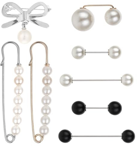 8 Stück Brosche Damen, Künstliche Perlen Broschen für Kleidung Brosche Vintage Ausschnitt Verkleinern Clip Mehrere Größen Sicherheitsnadeln mit Aufbewahrungsbox für Kleidung Hosen Kleid Rock Pullover