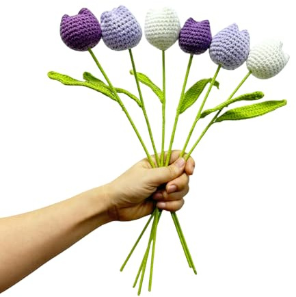 Urier 6 bouquet di tulipani all'uncinetto, 38,1 cm, finiti a mano, fiori finti fatti a mano, in cotone, per decorazioni per la casa, centrotavola, donne, amici, (colori misti 1)