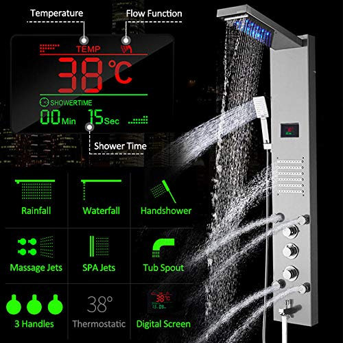 LED duschpanel regn vattenfall dusch temperatur skärm massage spa jet tre handtag mixer kran handfat kran set-borstad nickel blomstrande