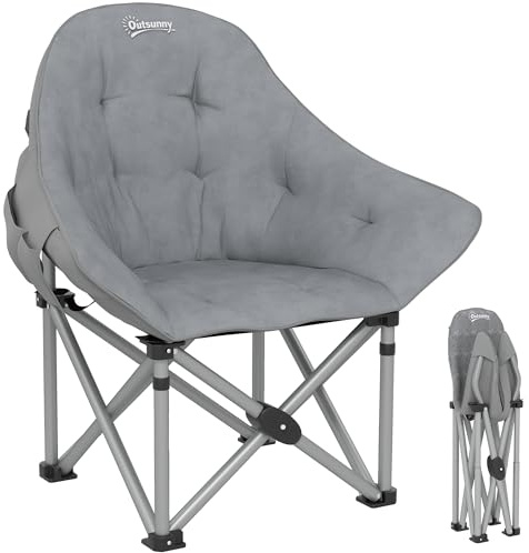 Outsunny Chaise Pliante Camping, Chaise de pêche Portable et légère, siège rembourré, Poches latérales et Sac de Transport, Fauteuil Pliant pour randonnée, pêche, Plage et Pique-Nique, Gris foncé