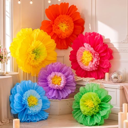 Giegxin 6 piezas de 80 cm, 61 cm Flores de papel gigantes coloridas mexicanas de papel de seda grande para pared, grandes decoraciones florales de papel crepé para pared, boda mexicana, despedida de