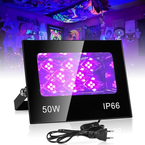 VAYALT 50 W UV-svart ljus, IP66, vattentät, svart ljus, LED, 395–405 nm, svart ljus, ultraviolett, för neonfester, kroppsplätering, diskotek, bar, akvarium, halloween, scenbelysning
