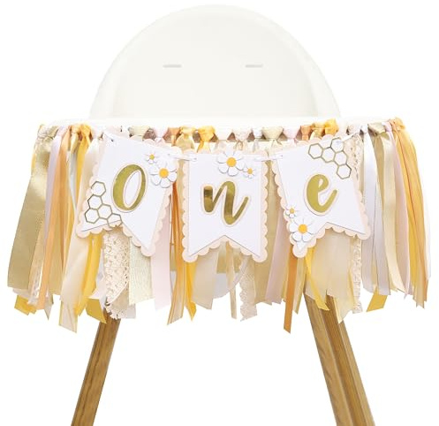Bee One High Chair Banner Yellow - Bee for 1st Birthday Highchair Banner, Beehive Theme Birthday Party Supplies, Sweet One Party Decorations, Daisy First Photo Props (Beehive Garland Yellow)