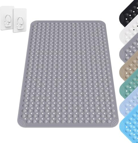 Tapis De Douche, 80 x 120 cm Tapis Antidérapant avec Ventouses avec Trous D'évacuation, Tapis Antidérapant en PVC, Tapis de Douche Carré Lavable, Lavable en Machine, pour Sauna, avec 2 Crochets, Gris