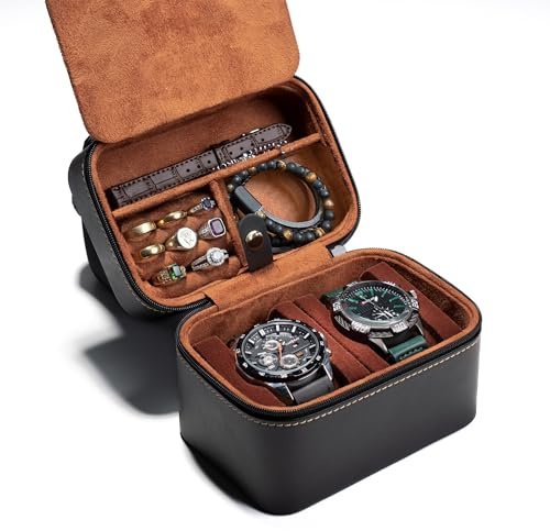 AUKURA, custodia da viaggio per 2 orologi con 2 scomparti, in pelle rigida, scatola di immagazzinaggio per orologi con quadrante da 52 mm, con vano per accessori, nero, 2 slot