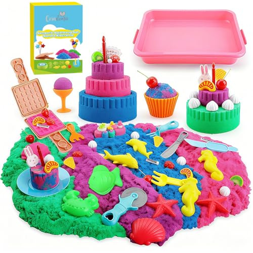 Coradoma Sensorik Spielzeug Kinetischer Sand & Ice Cream Set inkl. 1800g Magic Spielsand Knetsand – Sandkasten mit Deckel, 4 Farben und viel Zubehör | Geschenk für Kinder ab 3 Jahren