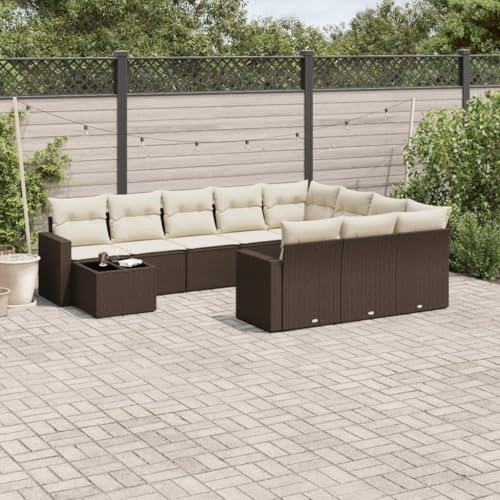 QJBSAVVA Salon de jardin 11 pièces en rotin synthétique marron avec plateau en verre 62 x 62 x 69 cm Groupe de sièges modulaire Design moderne robuste pour jardin, terrasse, balcon