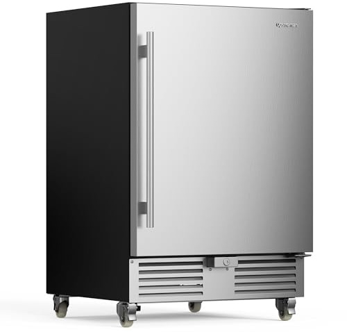 Upstreman 24 Inch Outdoor Refrigerator, 170 Can Under Counter Refrigerator with Stainless Steel Door, Weatherproof, LED Light, Beverage Fridge for Home, Patio or Commercial Use-BR50