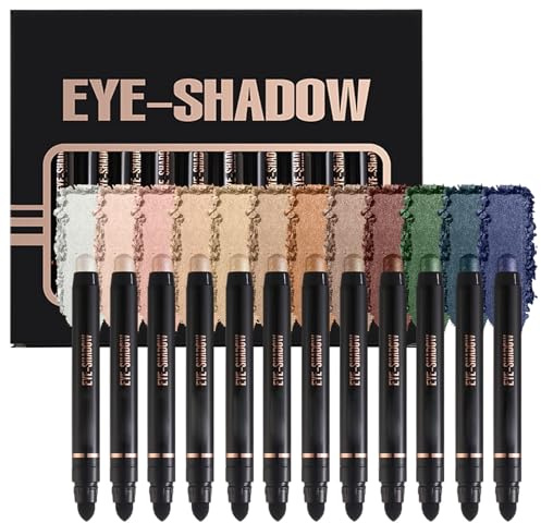 12PCS Lidschatten Stick Weiche Cremige Matte Schimmer Lidschatten Bleistift Crayon Hervorhebung Pigmentierter glänzender Lidschatten Bleistift Wasserdichter Matt und Schimmernder Augen Make up Set