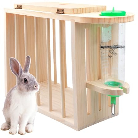 Höurraka kanin med höjdjusterbar drickflaska, foderdispenser hökanin, marsvin hö, naturligt trä, för kaniner, hamster Chinchillas, marsvin