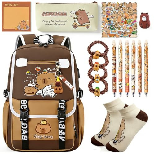 CYGMRFH Capybara Backpack Set, Kawaii Brown Back to School Multi-Piece Set with 6 Erasable Pens Keychain Pencil Case Socks Stickers Hair Ties Sharpener & Notepad, Animal Themed Bag Gift