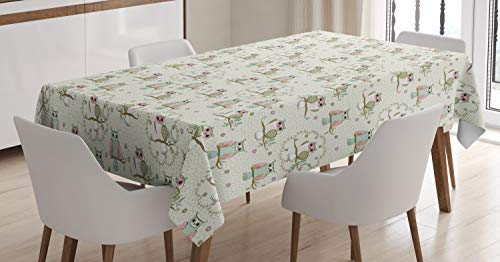ABAKUHAUS Eule Tischdecke, Vögel sitzen auf den Zweigen, Schmutzabweisent mit Modernster Druck Technologie Waschbar Klare Farben, 140 x 200 cm, Beige Grün