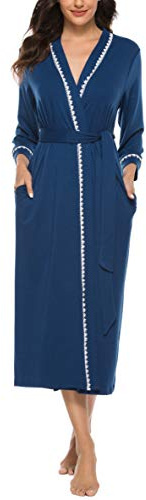 Vlazom Womens Dressing Gown Soft Kimono Robe V-Neck Long Knit Bathrobe Nightwear Sleepwear for All Seasons, Dark Blue, XL
