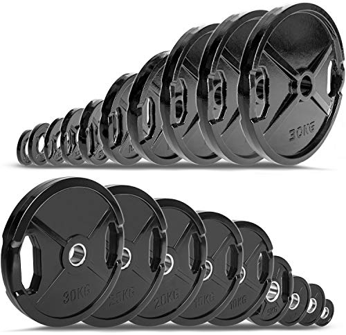 C.P.Sports olímpico Discos de peso 50 mm como pares - hierro fundido o engomado, 0,5 kg - 30 kg con mango agujero para levantamiento de pesas, 1 par de discos de fundición de goma, tamaño 0,5 kg
