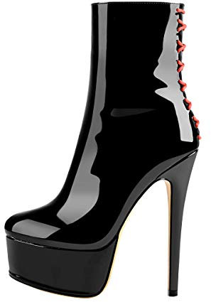 Only maker Damen Knöchel Stiefel Stiefeletten Reißverschluss Plateau Stiletto Absatz Ankle Boots Lack Schwarz 39 EU