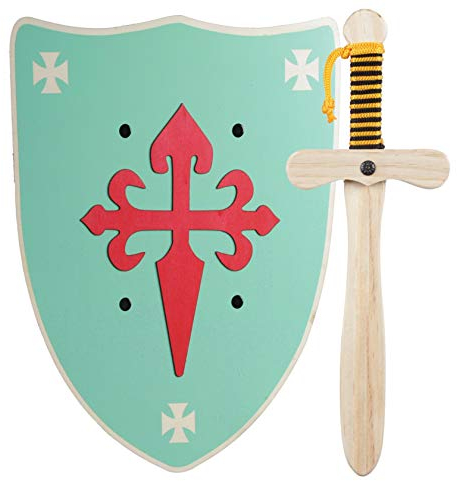 GERILEO Ritter Schwert und Schild aus Holz, Handgefertigtes - Spielzeug für Jungen, Mädchen, Kinder - Ergänzung für Spiele, Imitationsspiele, Kostüme, Mittelalter, Krieger, Mottoparty (Grün Schild)