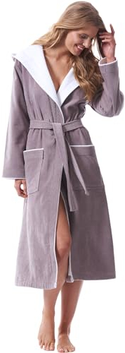 Morgenstern Bademantel Damen mit Kapuze 100% Baumwolle Frottee OEKO-TEX® Morgenmantel Leonie Taupe Größe S