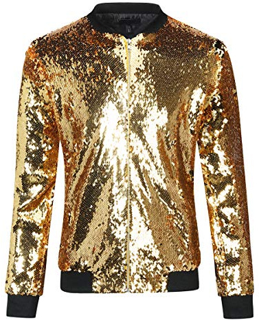 YFFUSHI Dam paljett långärmad bomberjacka glitter metallisk glänsande glittrande lätt beskuren topp, Guld, M