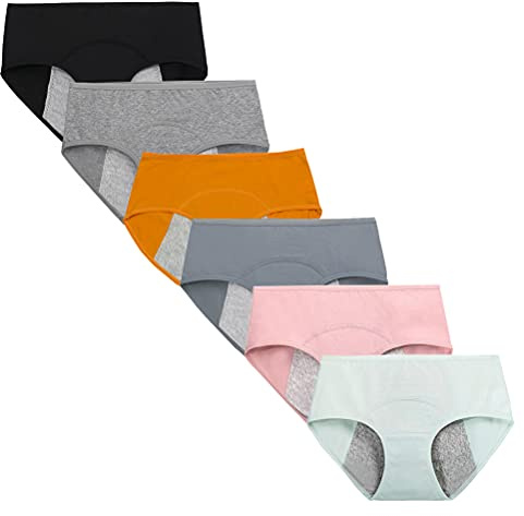 Kissecret Teenager-Mädchen Menstruationsunterwäsche aus Baumwolle Packung mit 6 Stück atmungsaktiven, stark fließenden auslaufsicheren Höschen (L, Stil 2)