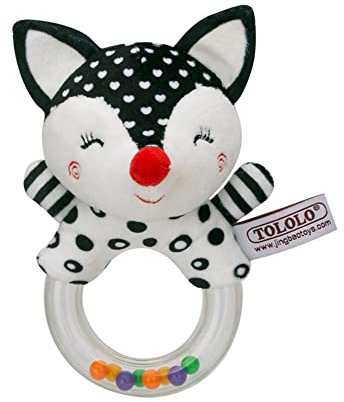 ECCHY Baby Rasseln Spielzeug, Greifling zum Rasseln, Rasselring Fuchs mit Buntem Perlen-Ring, Rascheln, Fühlen, Spielen - Weicher Stoff Rassel Babyspielzeug empfohlen ab Geburt