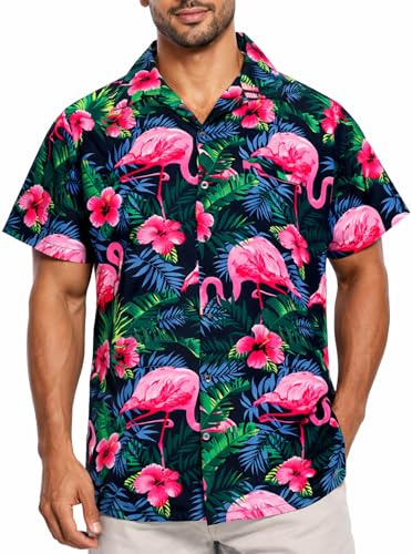 King Kameha Camicia Hawaiana Uomo a Maniche Corte, Flamingo-Flowers, Nero-Rosa, 5XL