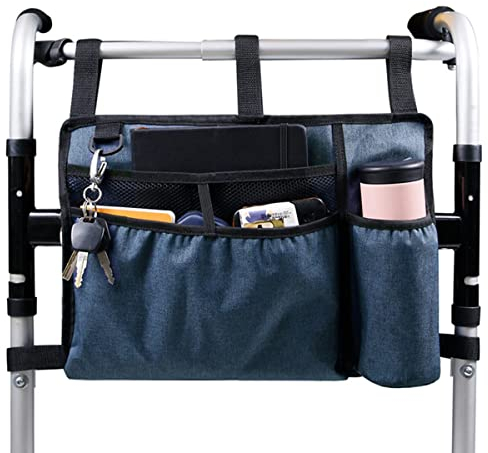 Jetcloud Sac de déambulateur avec porte-gobelet - Grande capacité - Pliable - Double face - Sac de rangement pour fauteuil roulant - Bleu