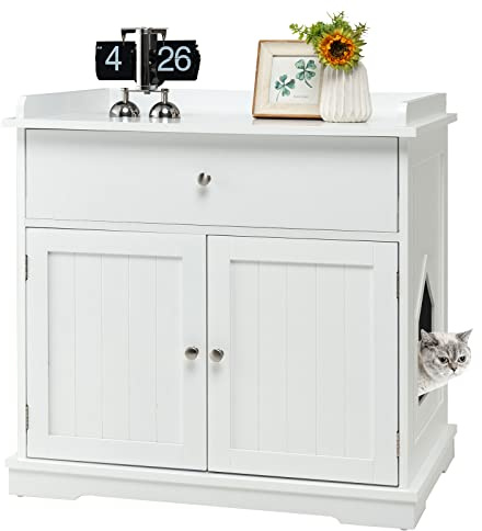 COSTWAY Mueble para Gatos, Casa de Baño Oculto para Mascota con Cajón y 2 Puertas, Cajas de Arena para Dos Mascotas, 76 x 53 x 74 cm (Blanco)