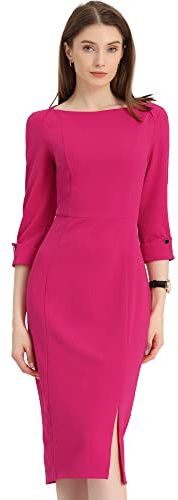Allegra K Women's Elegant Boat Neck 3/4 Sleeves 2025 Wear to Work Midi Split Sheath Dress, Fushcia, S