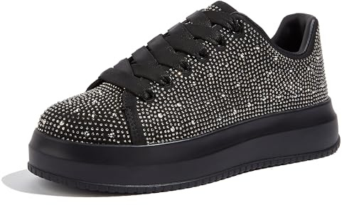 LUCKY STEP Rhinestone Sneakers for Women Platform Sparkly Glitter Bling Tennis Shoes Fashion Bedazzled Wedding Bridal Party Walking Sneakers(Black,7)