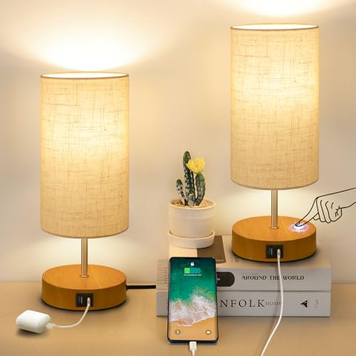 OUTON Lampada da Tavolo Ricaricabile Set di 2 con Porta di Ricarica USB A+C, Lampada da Comodino Touch Supporta Dimmable 20%-100%, Adatta per Lettura, Soggiorno Camera da Letto (Inclusa Lampadina 9W)