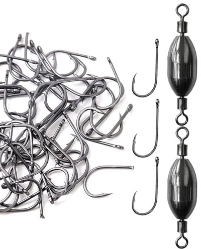 IPNSDON 100 Karbonstahl-Angelhaken, Angelhaken mit Widerhaken, Angelhaken mit Löchern, Angelzubehör plus 2 Weidenkupfer-Anhänger mit Gewichten