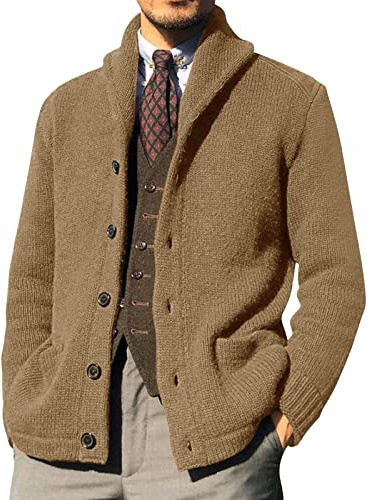 Cardigan da uomo, casual, invernale, a maniche lunghe, con collo sciallato, giacca a maglia grossa, da uomo, cardigan, sciarpa, colletto con bottone, tasca frontale, maglione lavorato a maglia, L