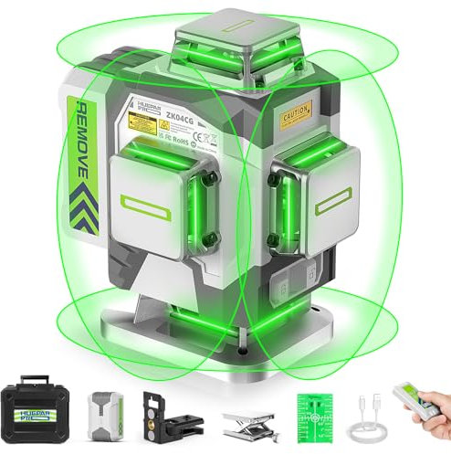 Huepar Pro Nivel láser autonivelante 4 x 360° herramienta de nivel láser de alta precisión, láser de nivel verde 4D para construcción, batería recargable de iones de litio de 8000 mAh, control remoto