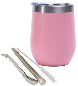 Yitobici Taza de té mate de doble pared de acero inoxidable resistente al calor con tapa sin BPA, dos pajitas y cepillo de limpieza (rosa)