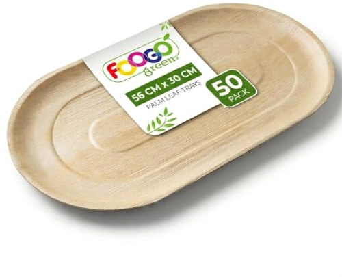FOOGO Green 50 Bandejas Desechables de Hoja de Palma, Grande Ovalada 56x30 cm, Pizza, Entrantes, Canapés, Charcutería, Resistentes Como las Bandejas de Madera para Comida Caliente y Aperitivos