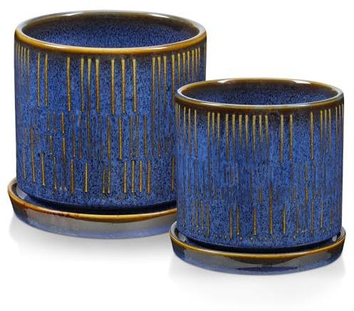 Arborus Ceramic Plant Pots with Saucer Set of 2 10cm 12cm Blue Plant Pot with Drainage Holes Indoor Modern Flower Pots Decorative Stripe Ceramic Planter for Succulent Cactus House Plants Garden