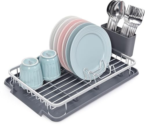 Amig - Scolapiatti Ezzik - 41,7 x 28,7 x 6 cm - Alluminio e Plastica - Colore Grigio - Scolapiatti con Vassoio di Sgocciolamento e Supporto per Posate - Capacità per 8 Piatti, Bicchieri e Posate