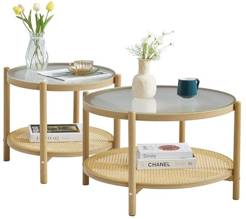 COSVALVE Boho Rattan Coffee Table Set of 2, Round Glass Metal Center Table, Modern Simple 2 Tier Middle Table for Small Space Living Room Bedroom Office Meeting Room